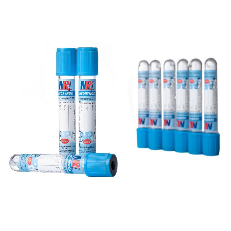 Пробірка Вакуумна для забору крові «MEDRYNOK», 3,6 мл, цитрат натрію (3,8%), 13х75 мм, стерильна, з блакитною кришкою